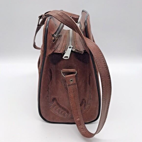 Vintage 60s Artisan Hand Tooled Carved Leather Rose & Indian Shoulder Bag Mexico - Picture 5 of 10